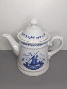 Winterling Germany Blue Windmill Porcelain Teapot 1960s Scenic Transferware